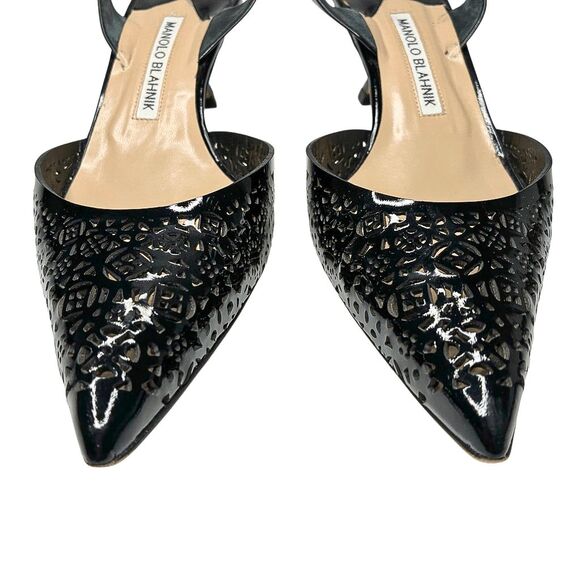 Manolo Blahnik Carolyne Laser Cut Heels Black Slingback Leather Heel Pumps EU 39 - Picture 3 of 12